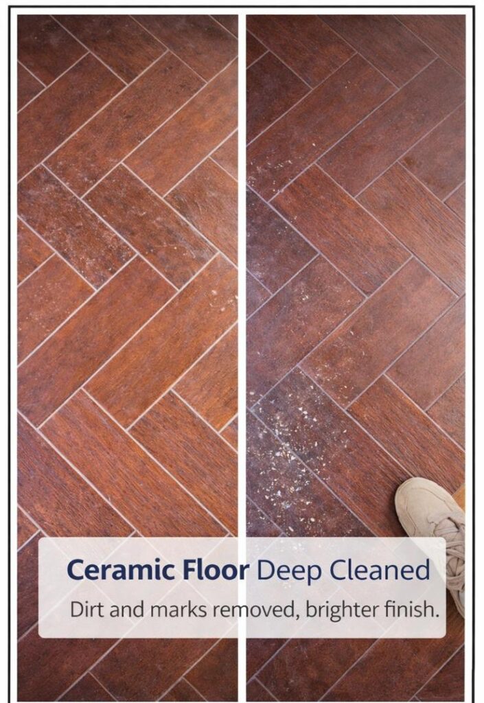 Ceramic Floor Deep Cleaned Dirt and marks removed, brighter finish